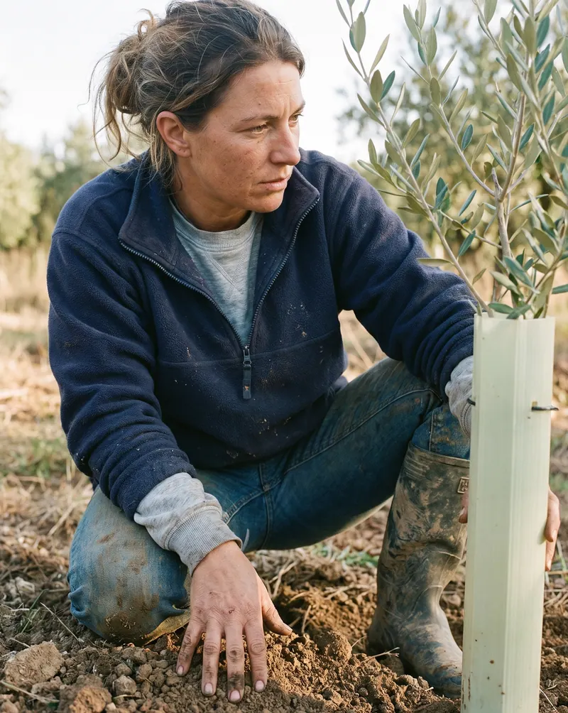 A young grower kneeling beside a newly planted olive tree