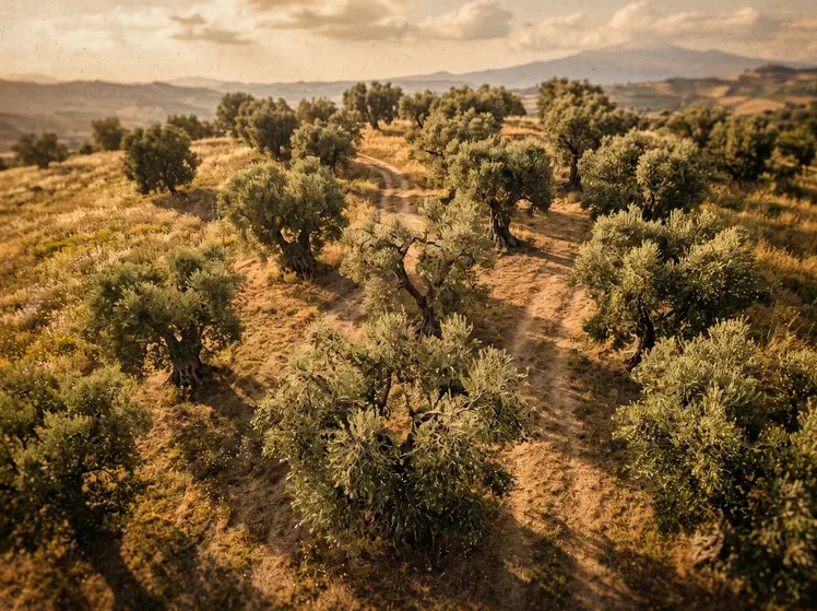 Terraced olive groves running down a Tuscan hillside in late afternoon light